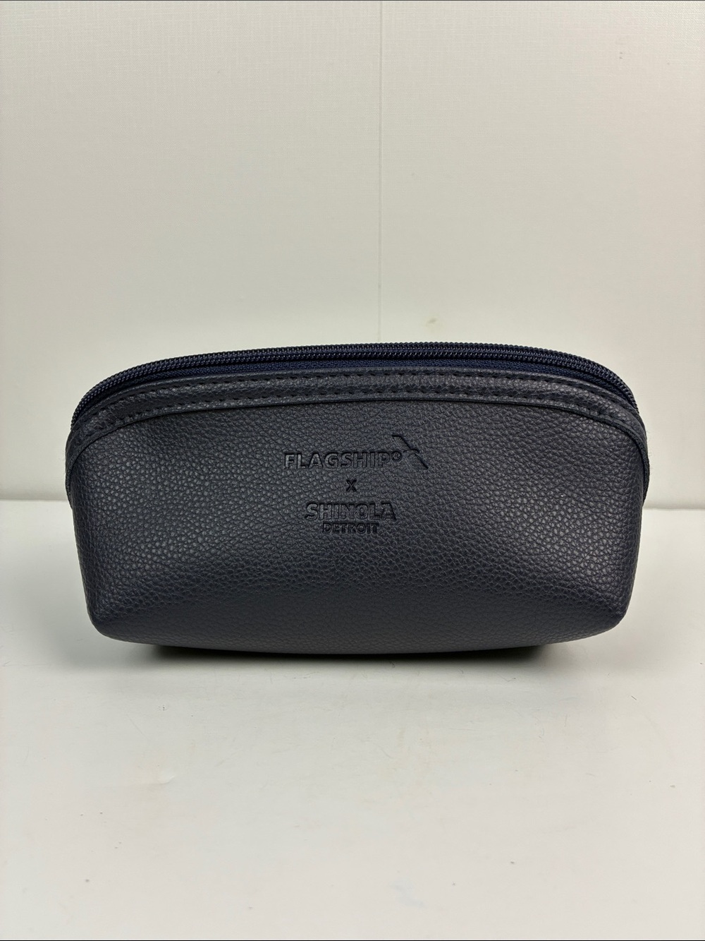 Shinola Detroit X Flagship Navy Pebble  Faux Leather Zip Pouch Toiletry Bag
